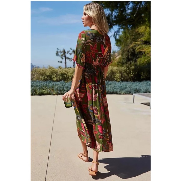 Farm Rio Cover Up Dress Leaves Tassels Pom Caftan Kimono - Picture 2 of 7